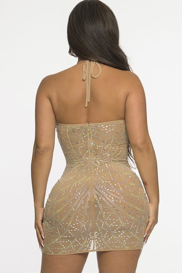 Women's taupe rhinestone mesh plunge mini dress - photo 3