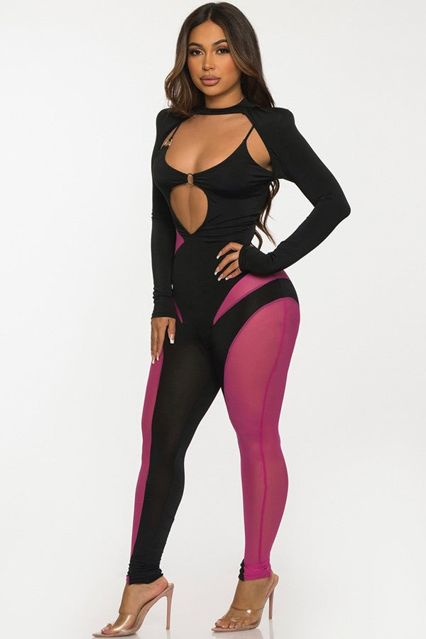 Women's Contrast Mesh Panel Cutout Long Sleeve Jumpsuit - photo 4