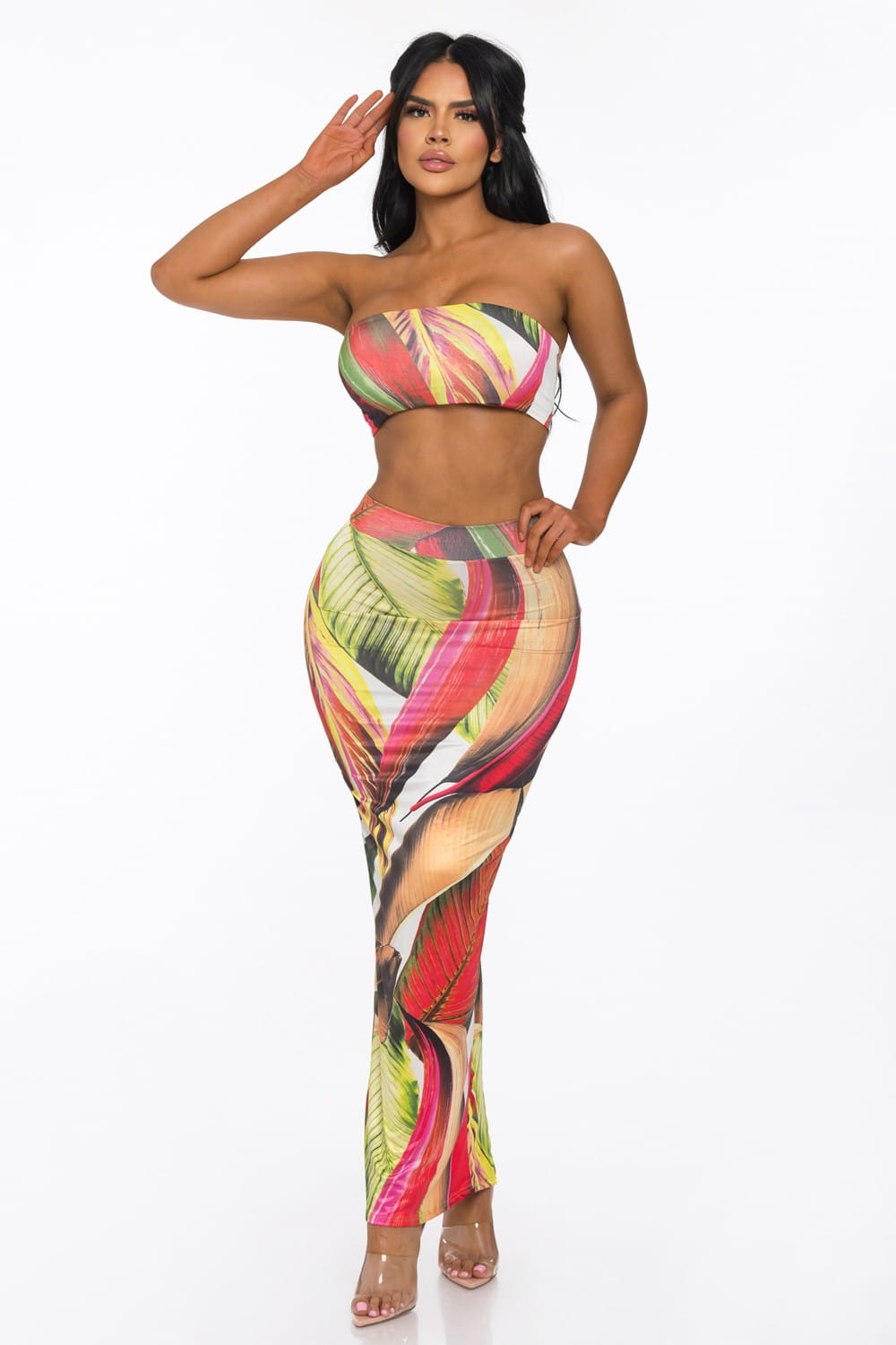 Women's Ivory Tropical Escape Print Bandeau Open Slit Skirt Two Piece Set – side view