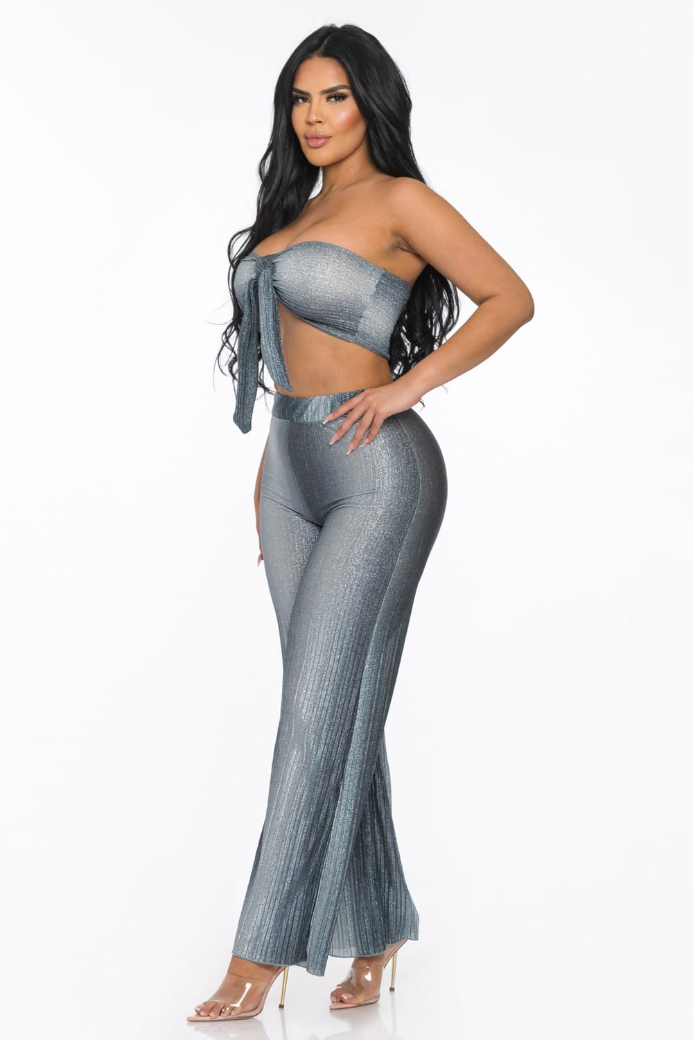 Women's Stardust Glam Glitter Crinkle Tube Top Wide Leg Pants Set – side view