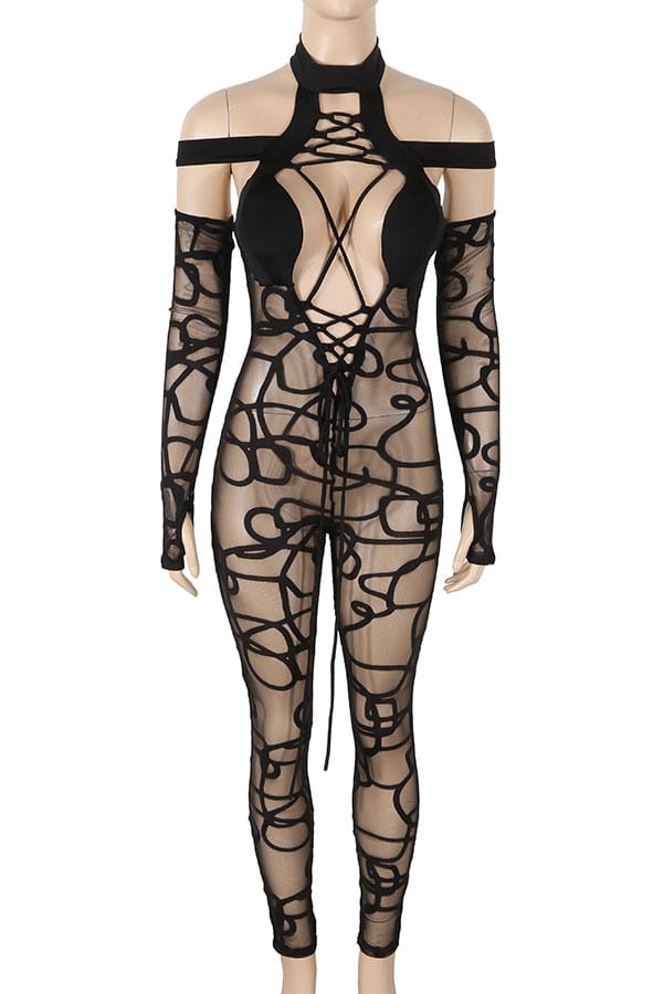 Women's Printed Mesh Halter Cutout Long Sleeve Jumpsuit