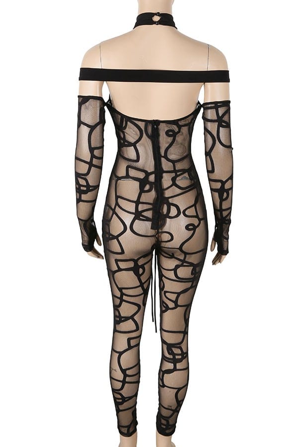 Women's Printed Mesh Halter Cutout Long Sleeve Jumpsuit - photo 3