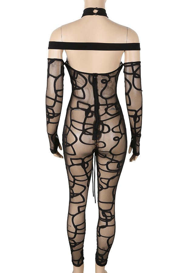 Women's Printed Mesh Halter Cutout Long Sleeve Jumpsuit - photo 3