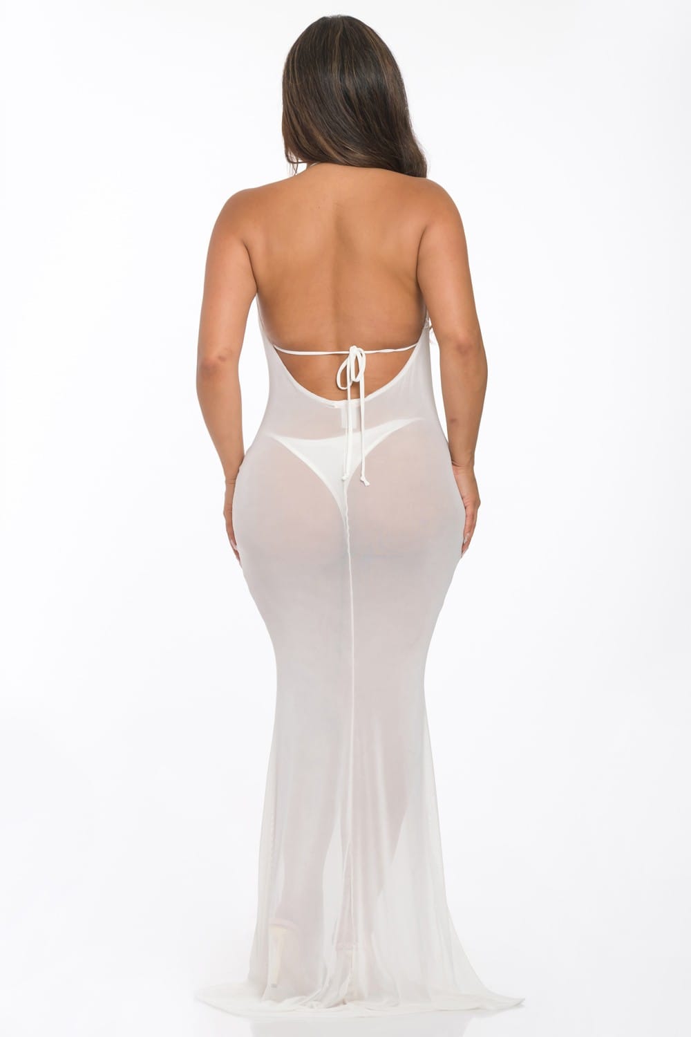 Women's Off-White Oasis Veil Sheer Mesh Dress Bra and Pants Resort Cover Up – full-length view