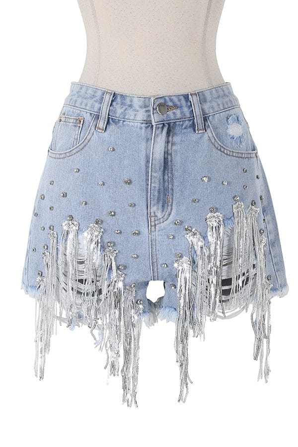 Women's Rhinestone Fringe Distressed Denim Shorts