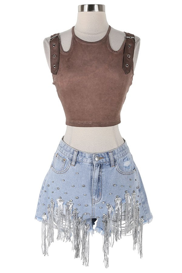 Women's Rhinestone Fringe Distressed Denim Shorts - photo 4