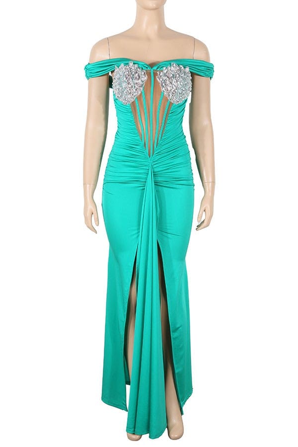 Women's green satin off-shoulder thigh slit maxi dress