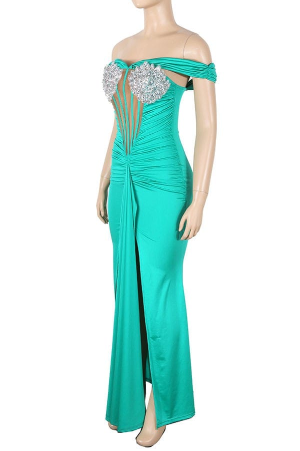 Women's green satin off-shoulder thigh slit maxi dress - photo 2