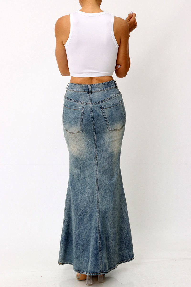 Denim maxi skirt side view