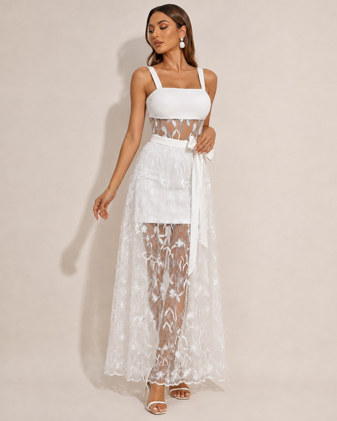 Women's white square neck bandage dress with sheer lace maxi overlay - photo 2