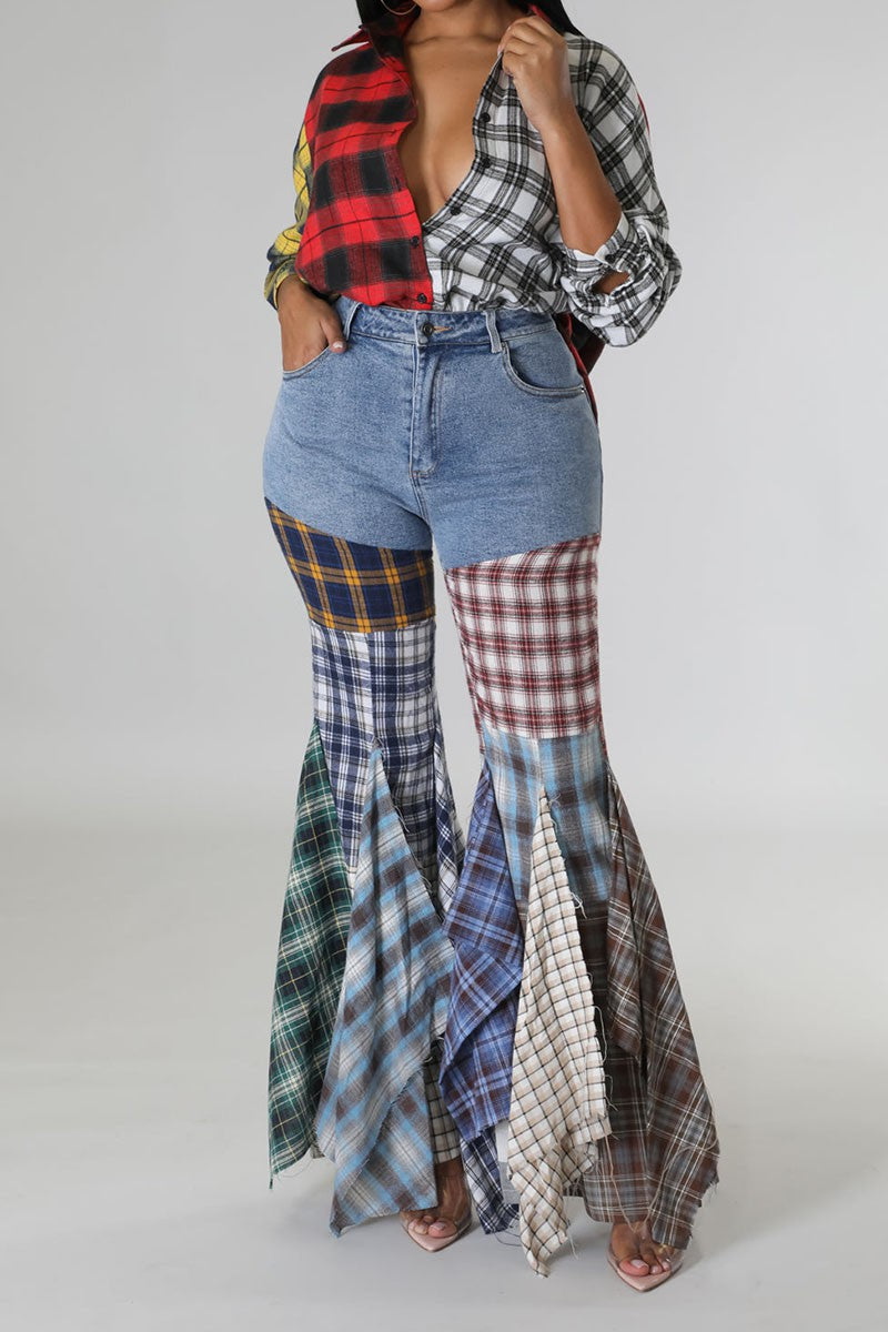 Printed denim flare pants front