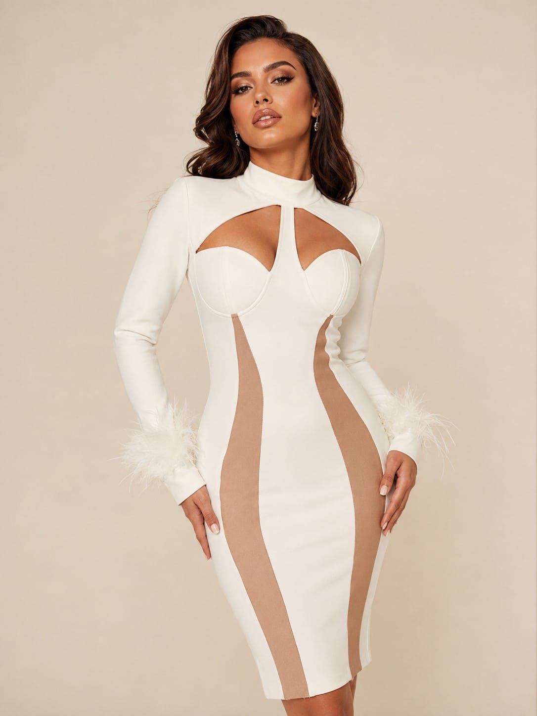 Women's white long sleeve sheer illusion cut-out bandage midi dress