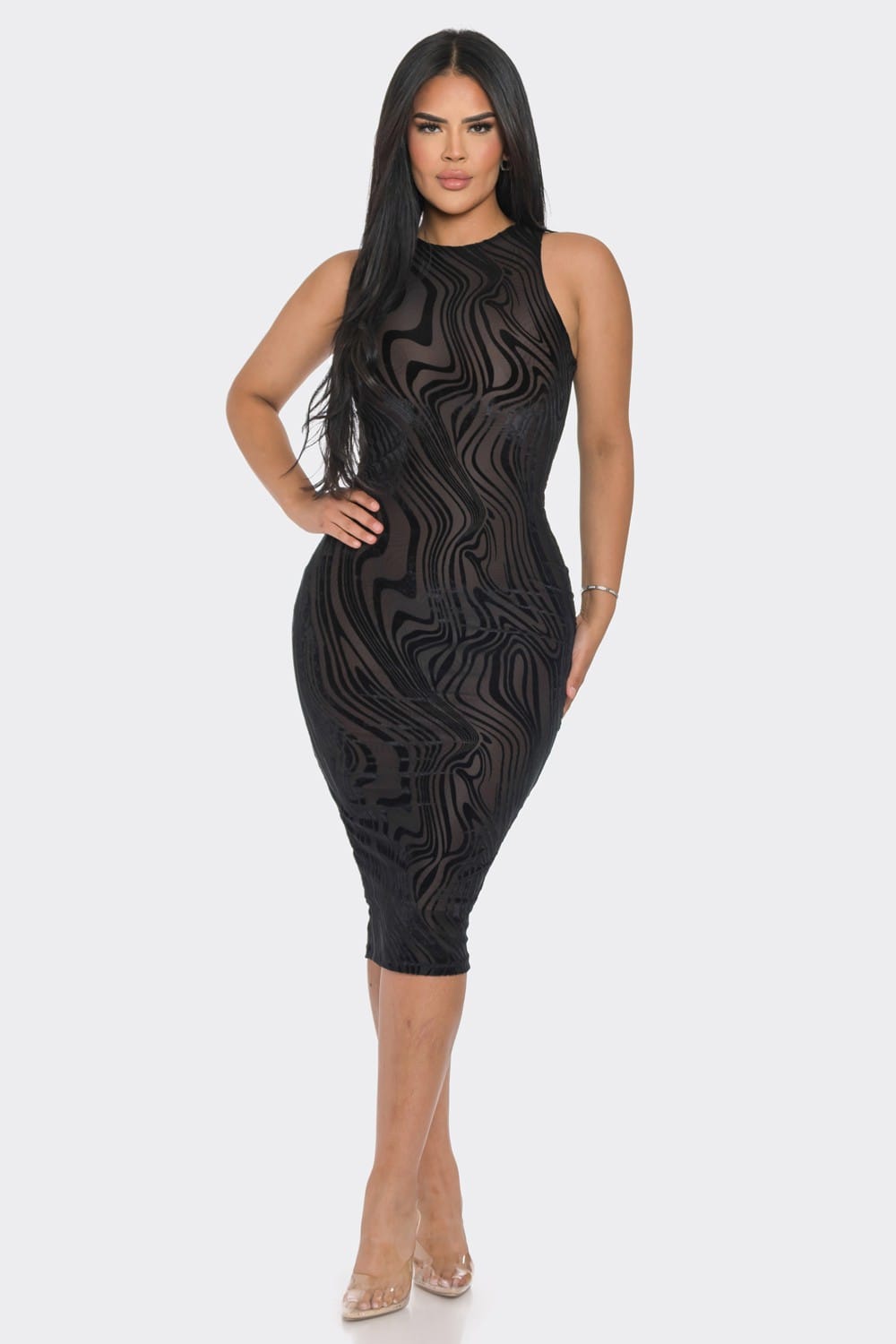 Women's Mocha Midnight Marble Velvet Flocking Mesh Midi Dress – detail view