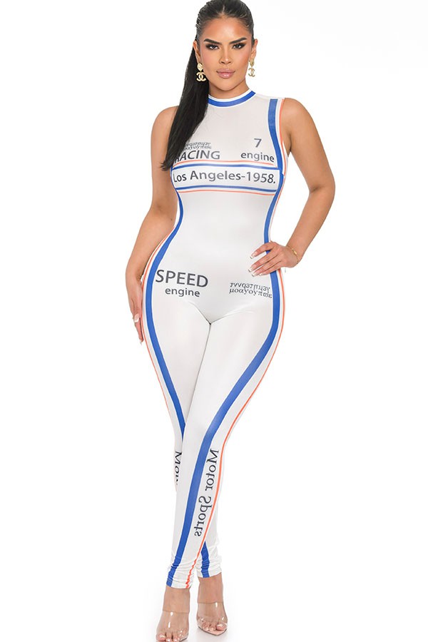 Women's Racing Print Sleeveless Mock Neck Jumpsuit