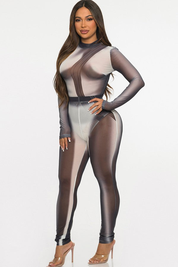 Women's Sheer Mesh Colorblock Long Sleeve Jumpsuit - photo 3
