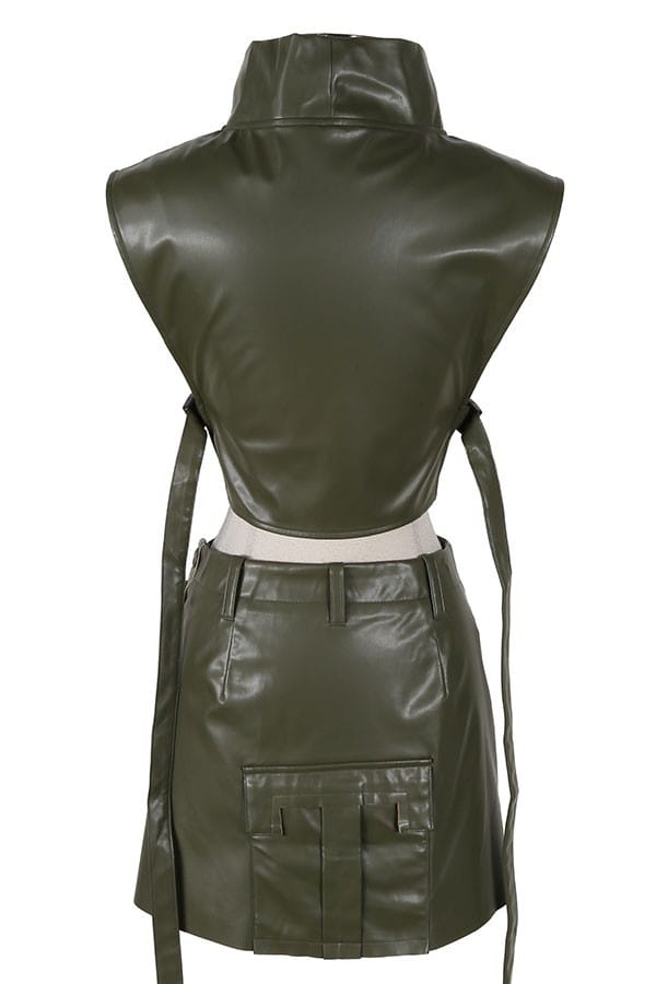 Women's Faux Leather Mock Neck Crop Top & Cargo Mini Skirt Set - photo 3