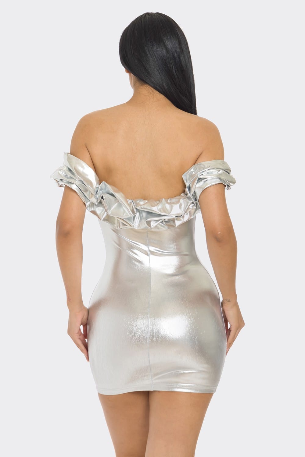 Women's Silver Siren Metallic Foil Off Shoulder Mini Dress – full-length view