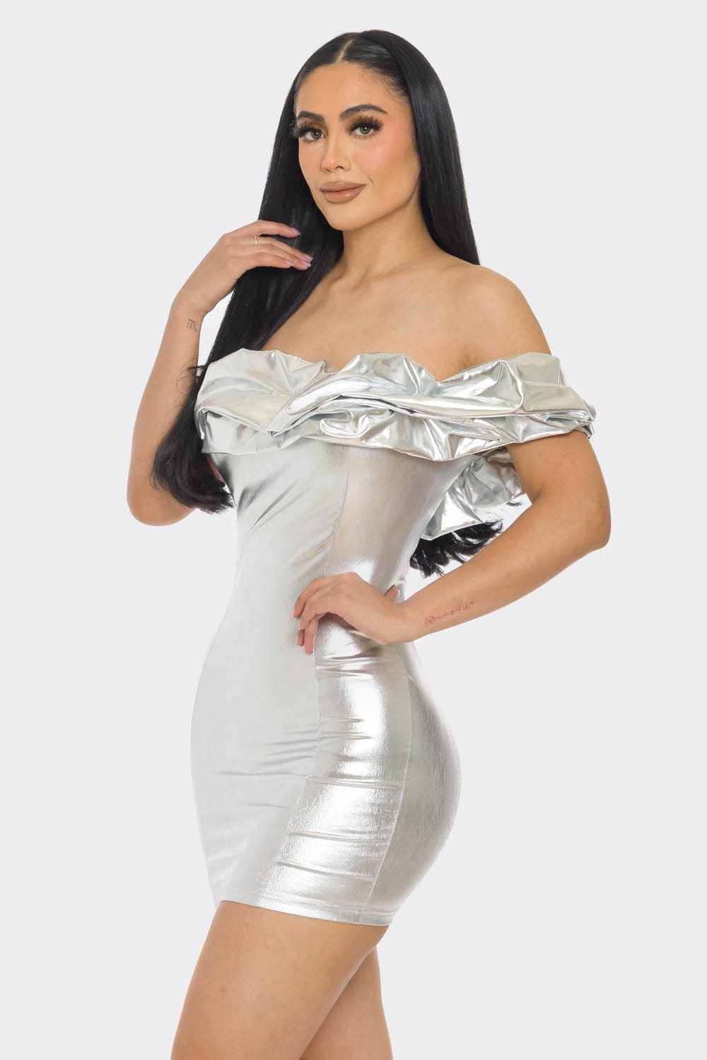 Women's Silver Siren Metallic Foil Off Shoulder Mini Dress – side view