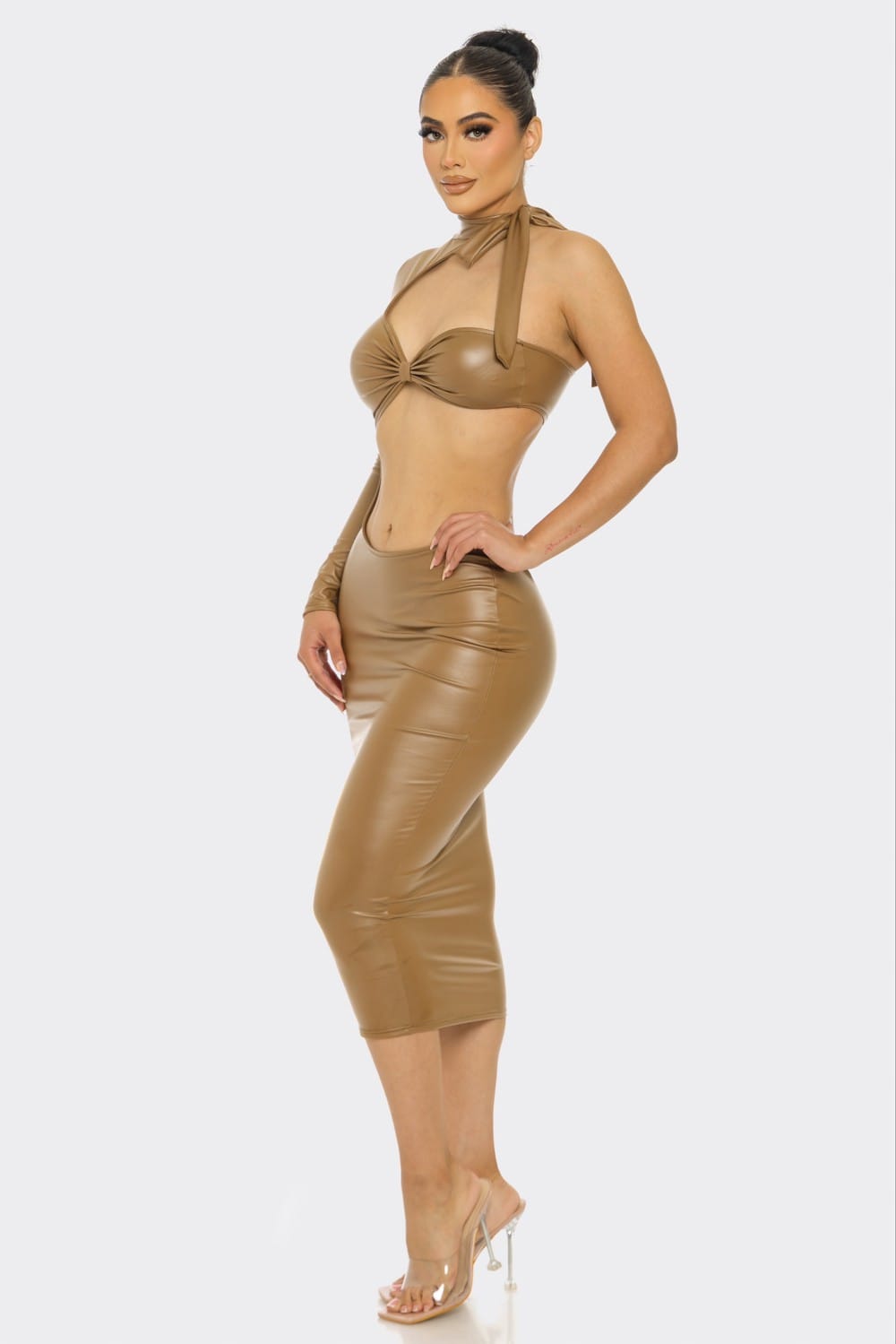 Women's Noir Edge Tie Neck Cutout Pu Midi Dress – side view