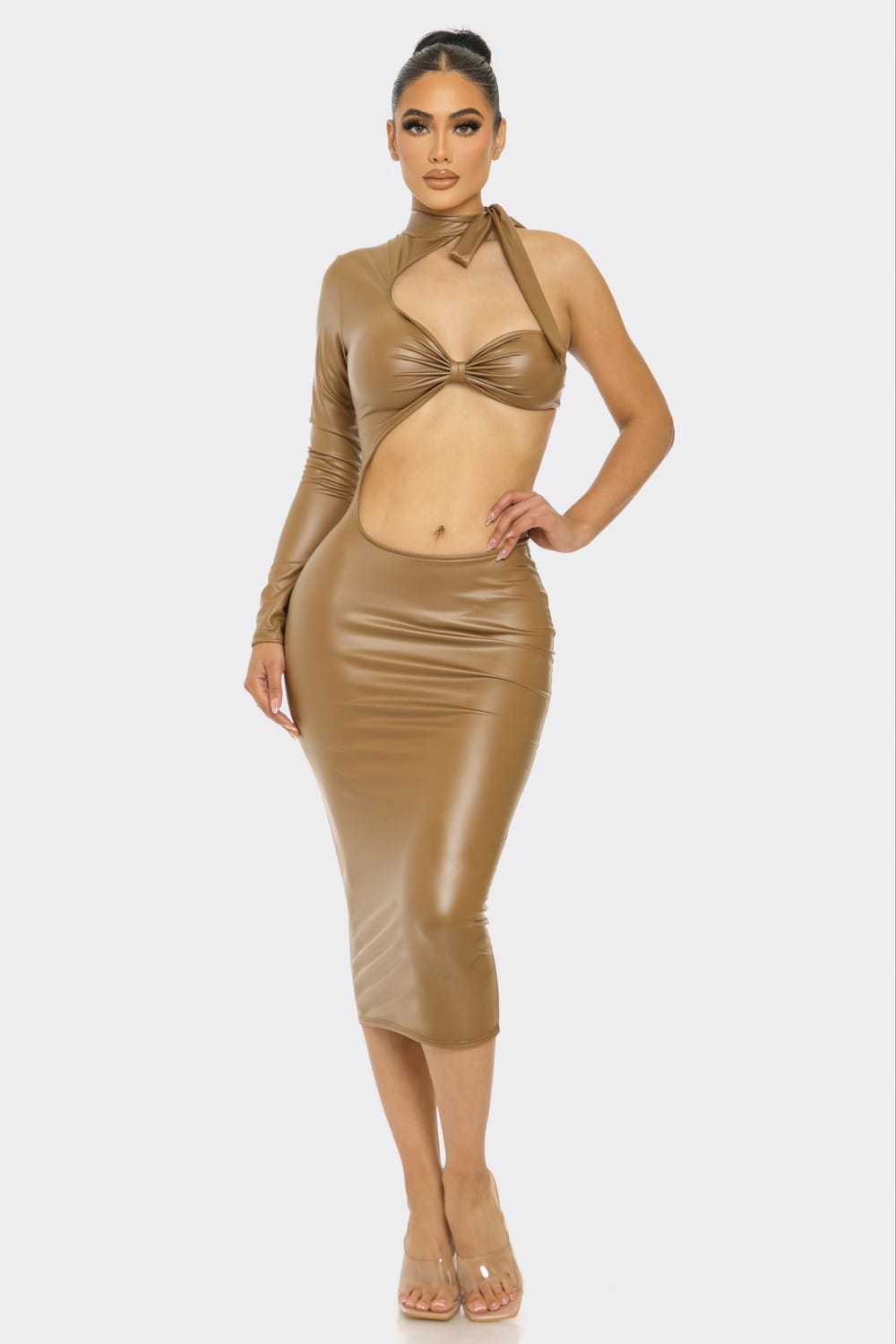 Women's Noir Edge Tie Neck Cutout Pu Midi Dress – detail view