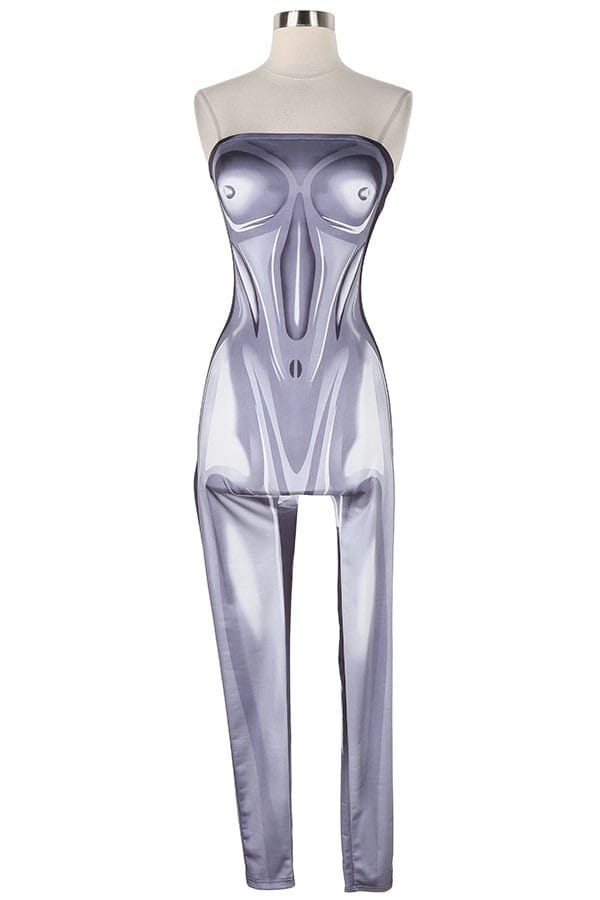 Women's Metallic Print Strapless Fitted Jumpsuit
