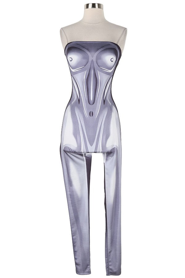Women's Metallic Print Strapless Fitted Jumpsuit