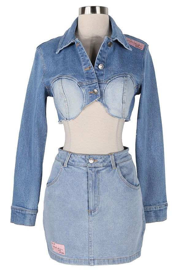 Women's Denim Crop Jacket & Mini Skirt Set - photo 3