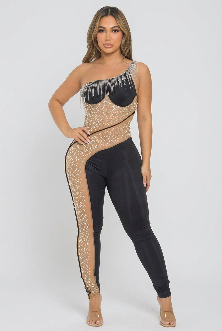 Women's Rhinestone Fringe One Shoulder Mesh Panel Jumpsuit