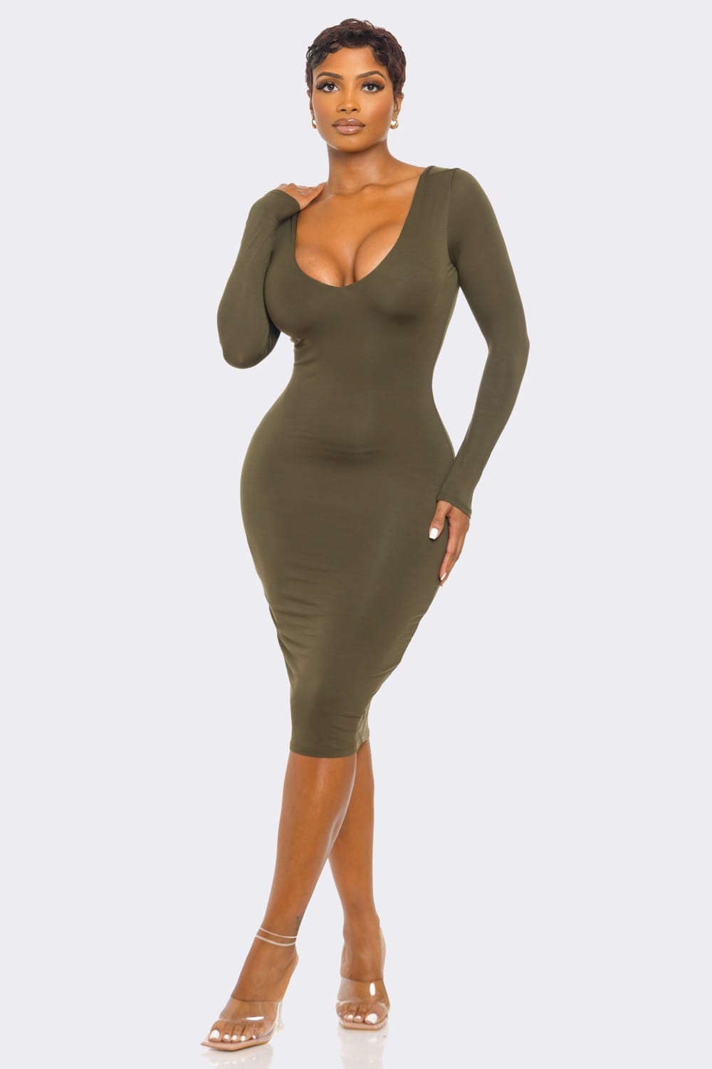 Women's Rayonmodal Double Layered Lslv Midi Dress – back view