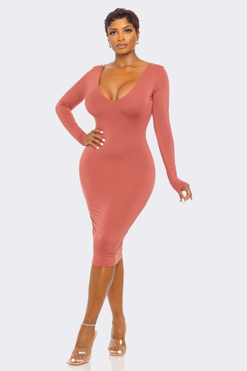 Women's Rayonmodal Double Layered Lslv Midi Dress – side view
