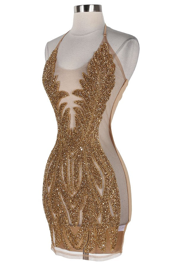 Women's gold sequin halter sheer mesh mini dress - photo 3