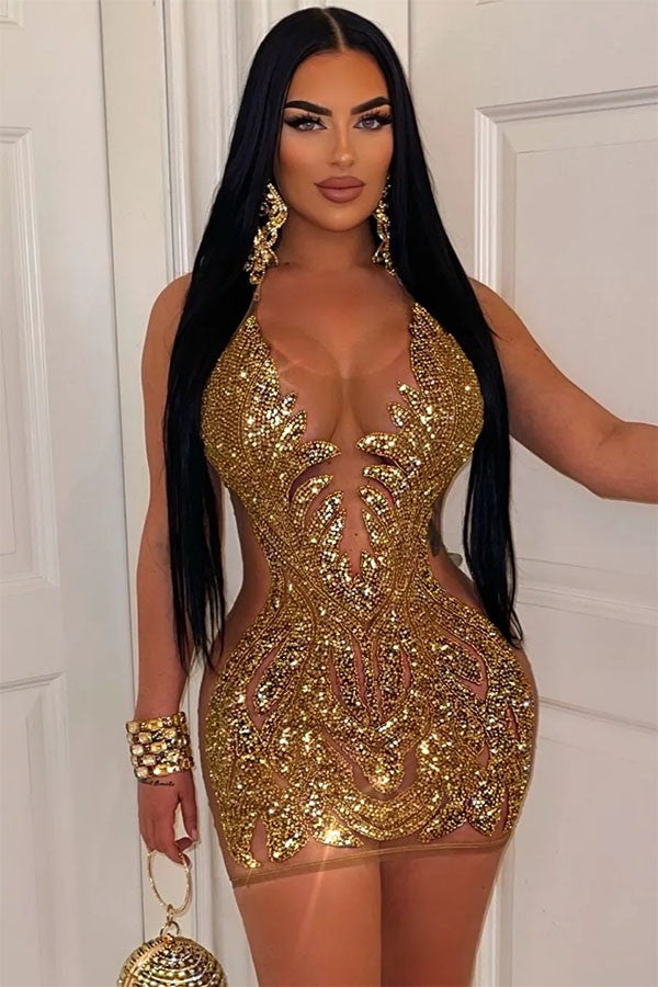Women's gold sequin halter sheer mesh mini dress