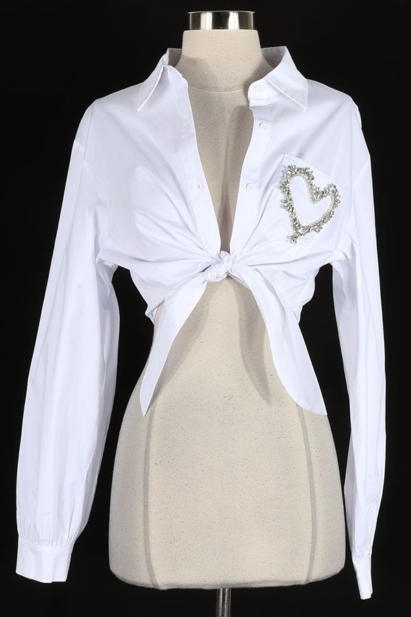 Women's Heart Cutout Tie Front Long Sleeve Crop Shirt
