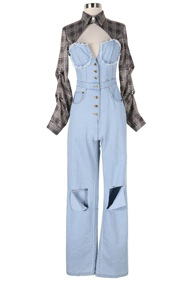 Women's Long Sleeve Lace-Up Wide-Leg Denim Jumpsuit - photo 2