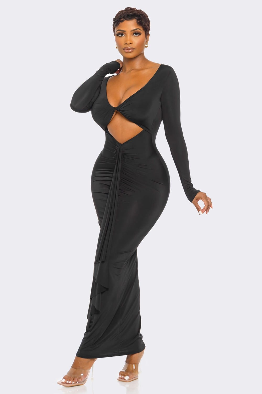 Women's Ruffle Front Long Sleeve Maxi Dress – detail view