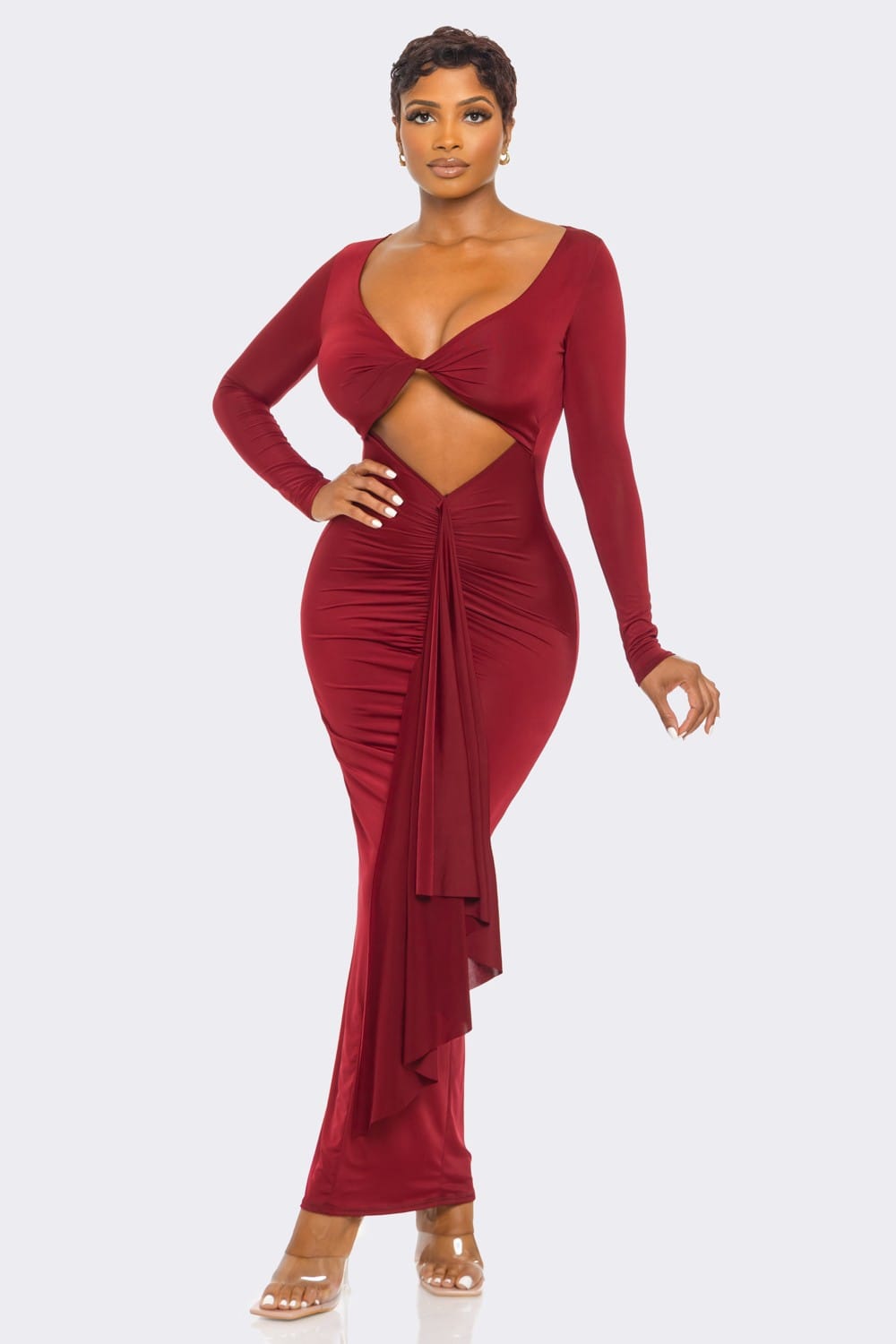 Women's Ruffle Front Long Sleeve Maxi Dress – front view