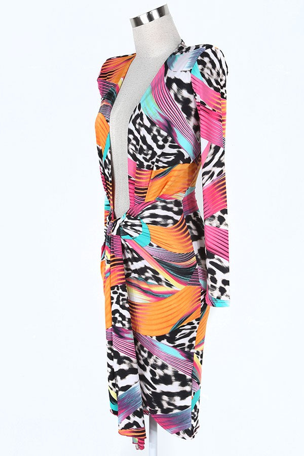 Women's Abstract Print Long Sleeve Tie Front Midi Dress - photo 2