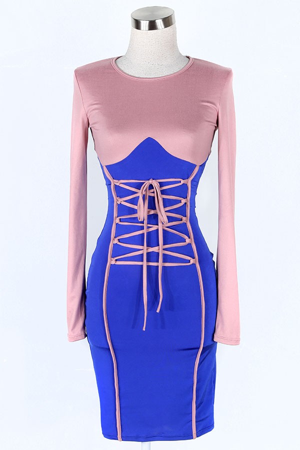 Women's Two-Tone Long Sleeve Lace-Up Corset Mini Dress