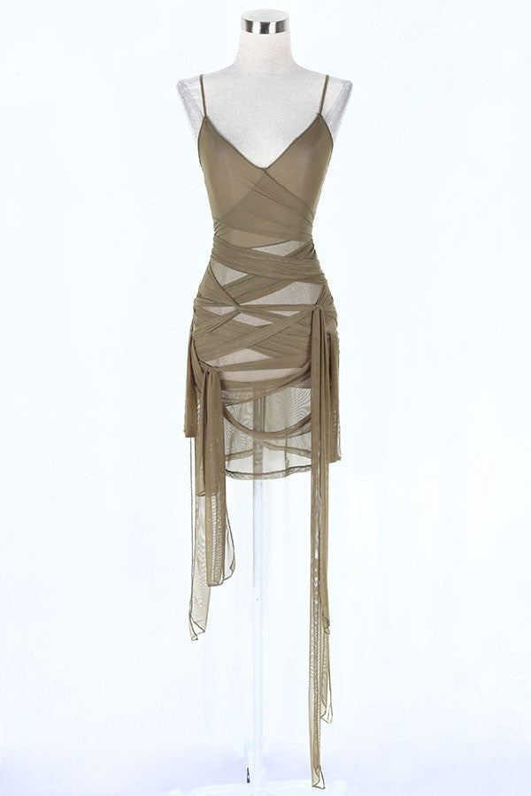 Women's Sheer Mesh Ruched Tie Side Fringe Mini Dress