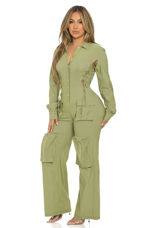 Women's Long Sleeve Collared Wide-Leg Jumpsuit - photo 2