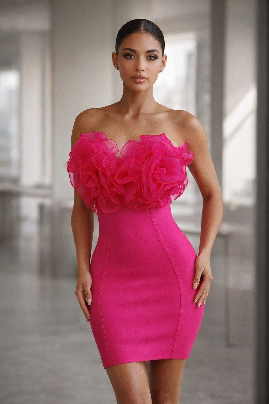 Women's hot pink strapless rosette ruffle neckline bandage mini dress