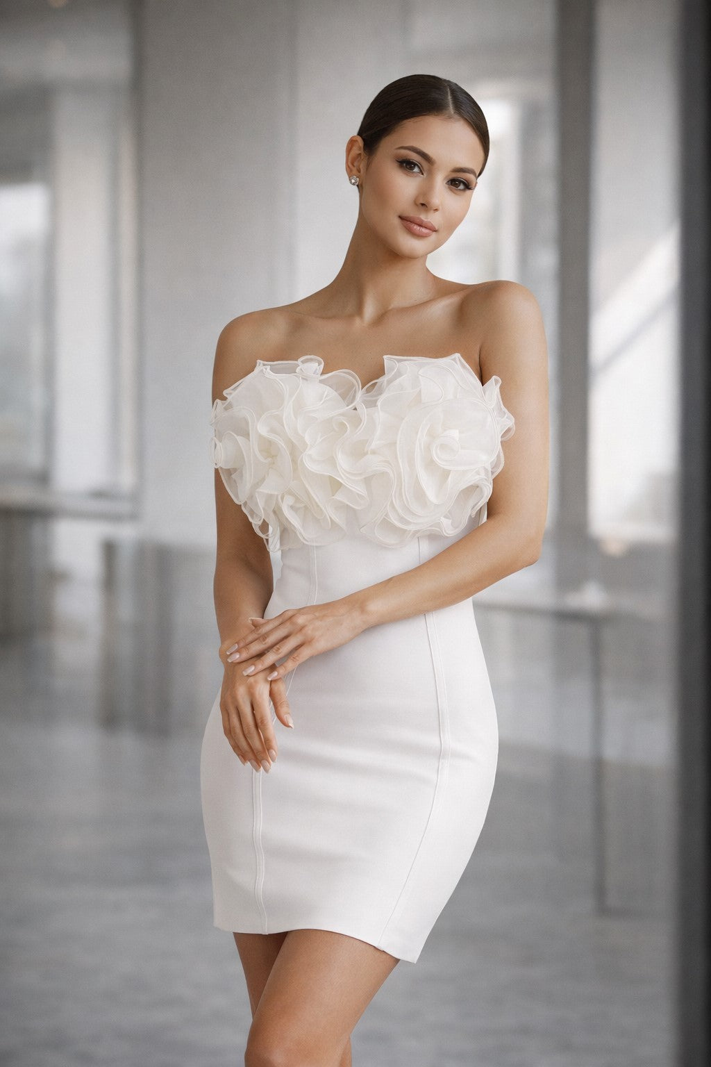 Women's white strapless rosette ruffle neckline bandage mini dress