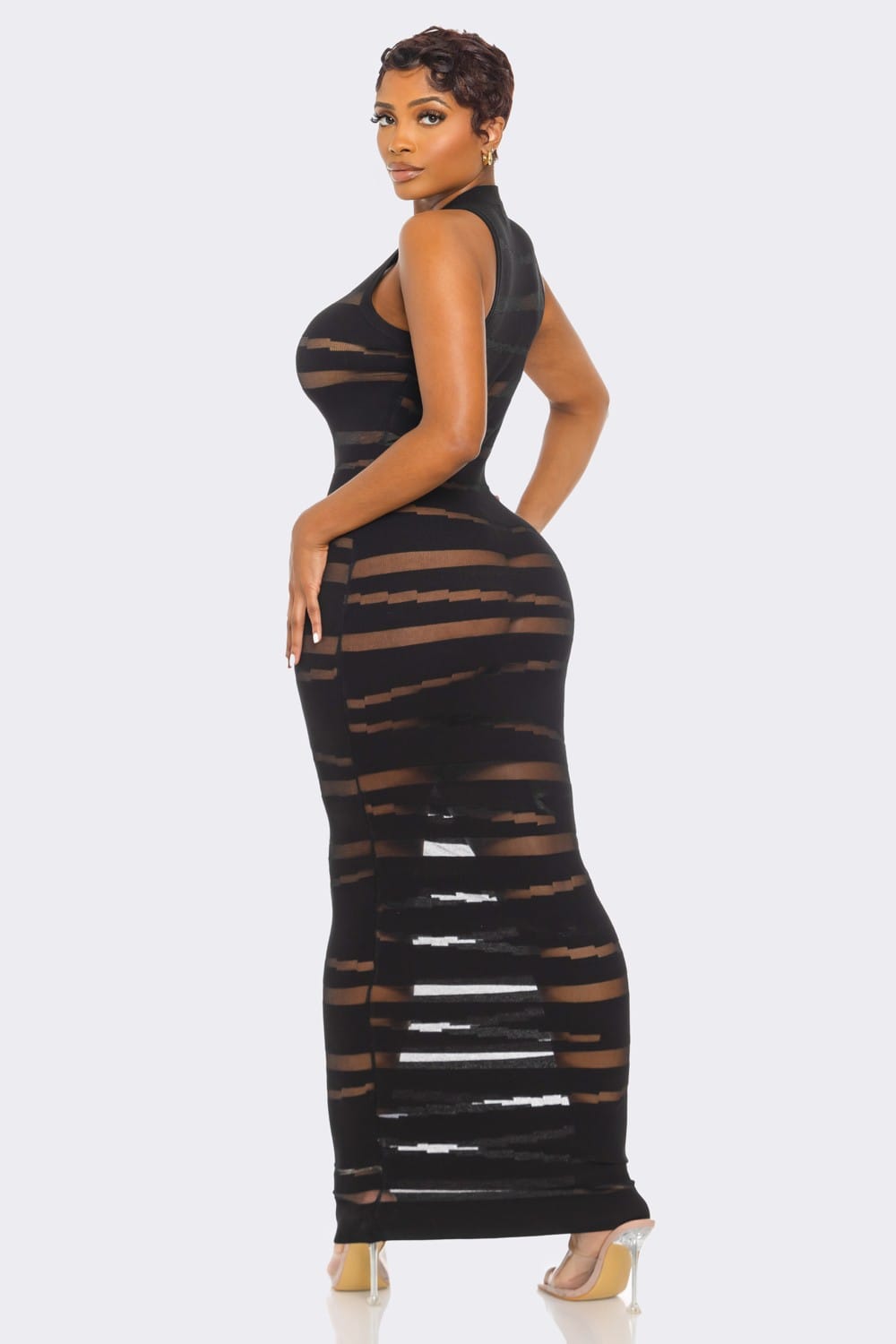 Women's Black Noir Veil Sheer Knit Maxi Dress – back view