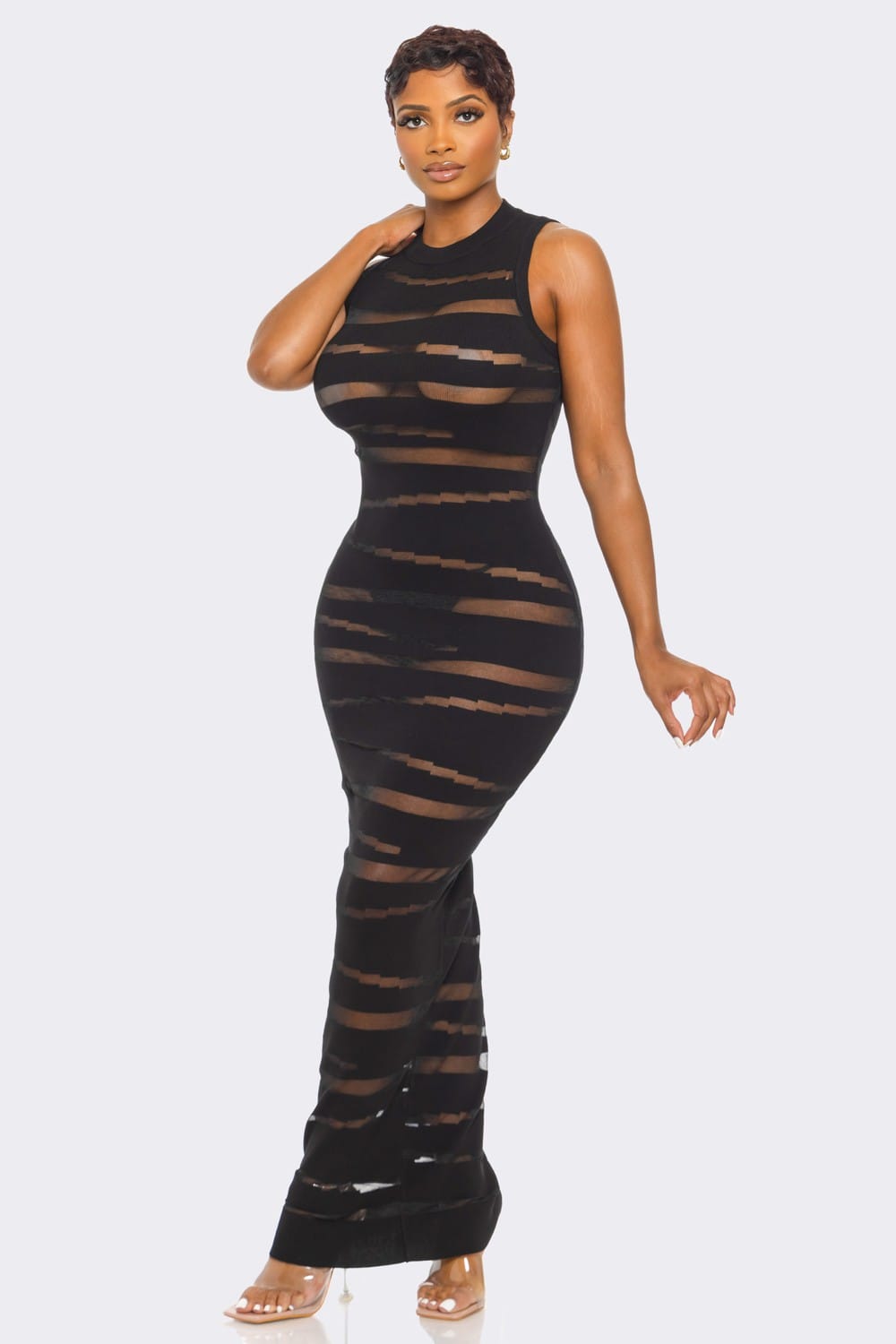 Women's Black Noir Veil Sheer Knit Maxi Dress – front view