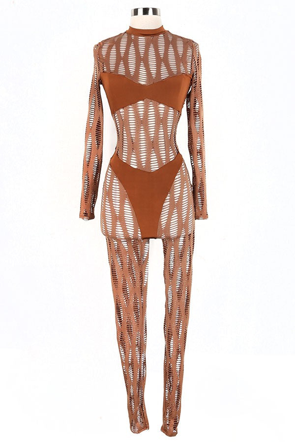 Women's Sheer Cutout Pattern Mock Neck Long Sleeve Jumpsuit