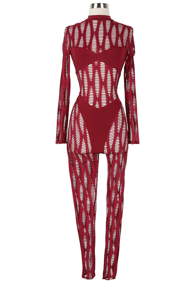 Women's Sheer Cutout Pattern Mock Neck Long Sleeve Jumpsuit