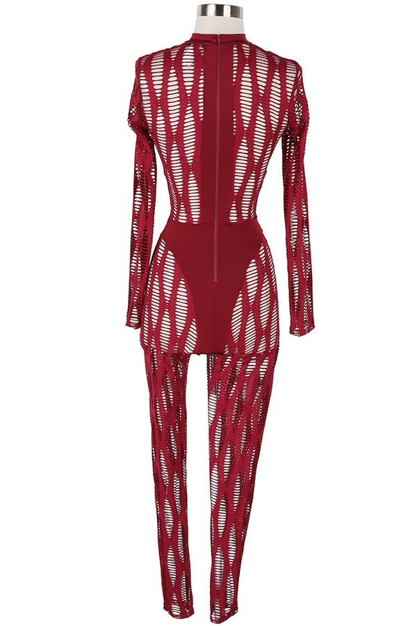 Women's Sheer Cutout Pattern Mock Neck Long Sleeve Jumpsuit - photo 3