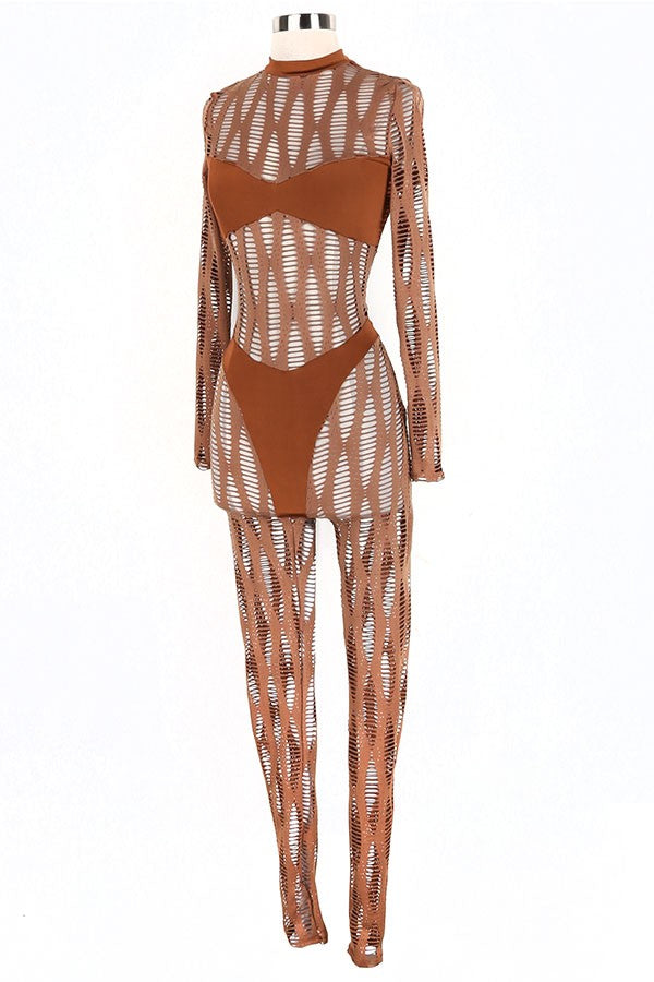 Women's Sheer Cutout Pattern Mock Neck Long Sleeve Jumpsuit - photo 2