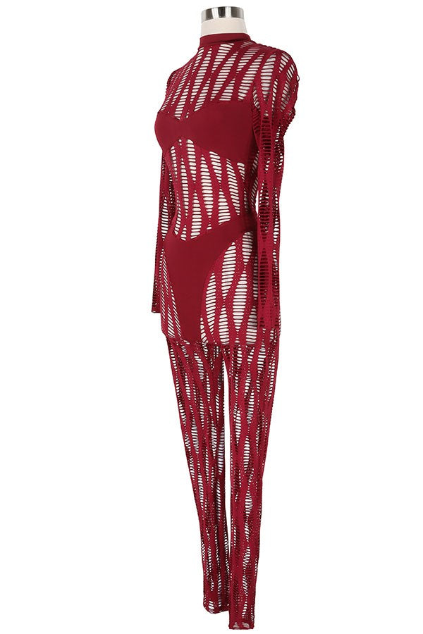 Women's Sheer Cutout Pattern Mock Neck Long Sleeve Jumpsuit - photo 2