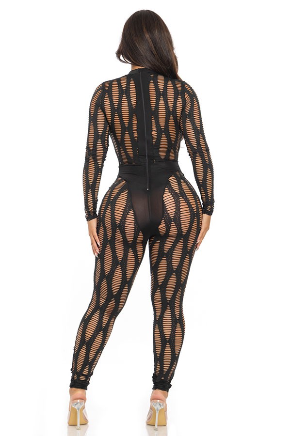 Women's Sheer Cutout Pattern Mock Neck Long Sleeve Jumpsuit - photo 3